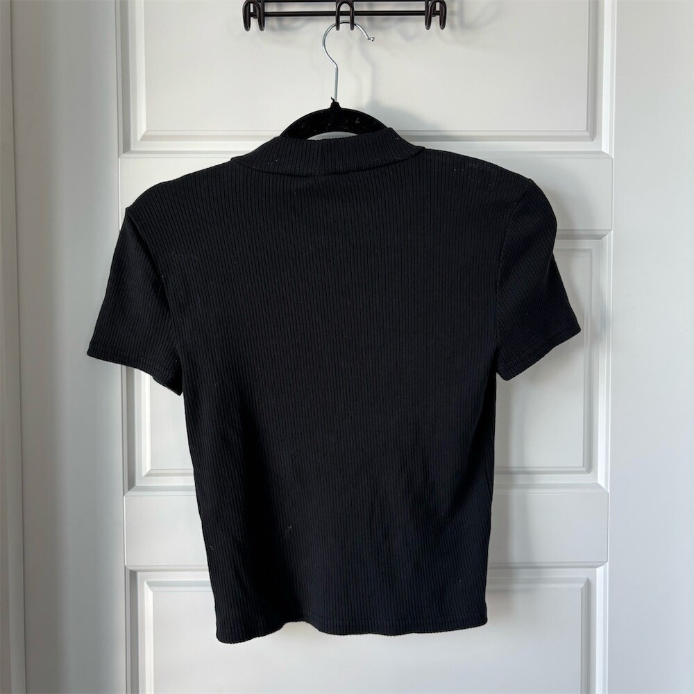7 For All Mankind Top Womens XS Black Ribbed Mock Neck Short Sleeve